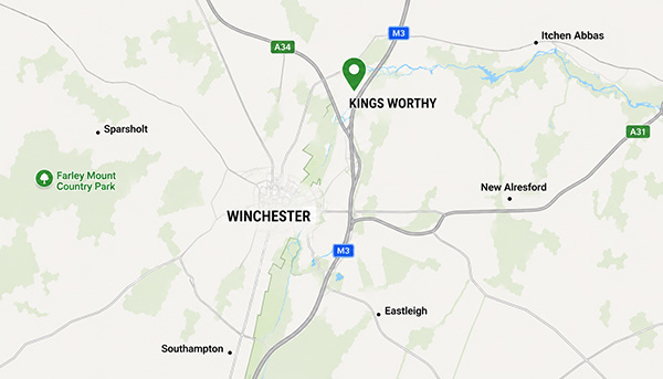 Map showing Winchester, Kings Worthy and surrounding Hampshire areas